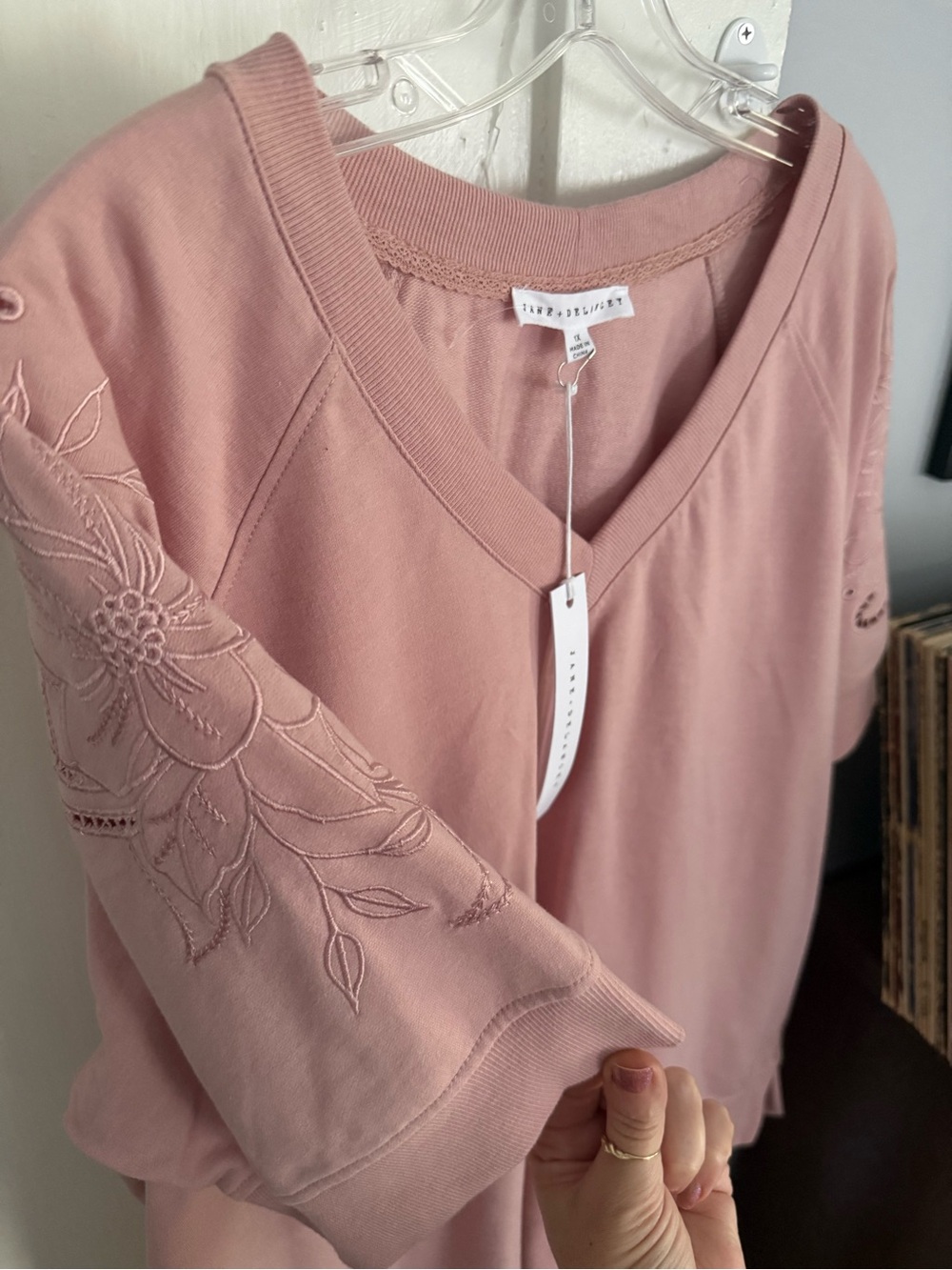 Jane & Delancey Embroidered V-Neck Sweatshirt in Dusty Rose 1X
